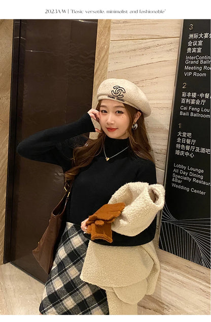 Women's Turtleneck Sweater Winter  Retro Red with Velvet Lining Thickened Inner Wear Thermal Knitting Bottoming Shirt