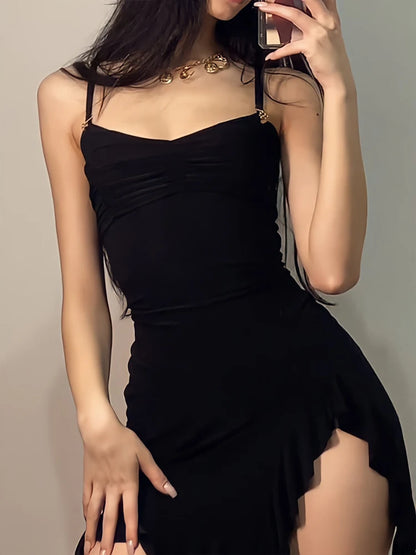 Mini Dress Women Summer New Black Sleeveless Strap Backless Folds Bodycon Split Dress Streetwear Elegant Party A-LINE Dress