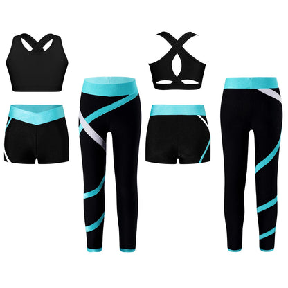Kids Girls 3 Pcs Athletic Tracksuits Ballet Dance Yoga Sportswear Sports Bra Shorts with Leggings Tumbling Ice Skating Sets