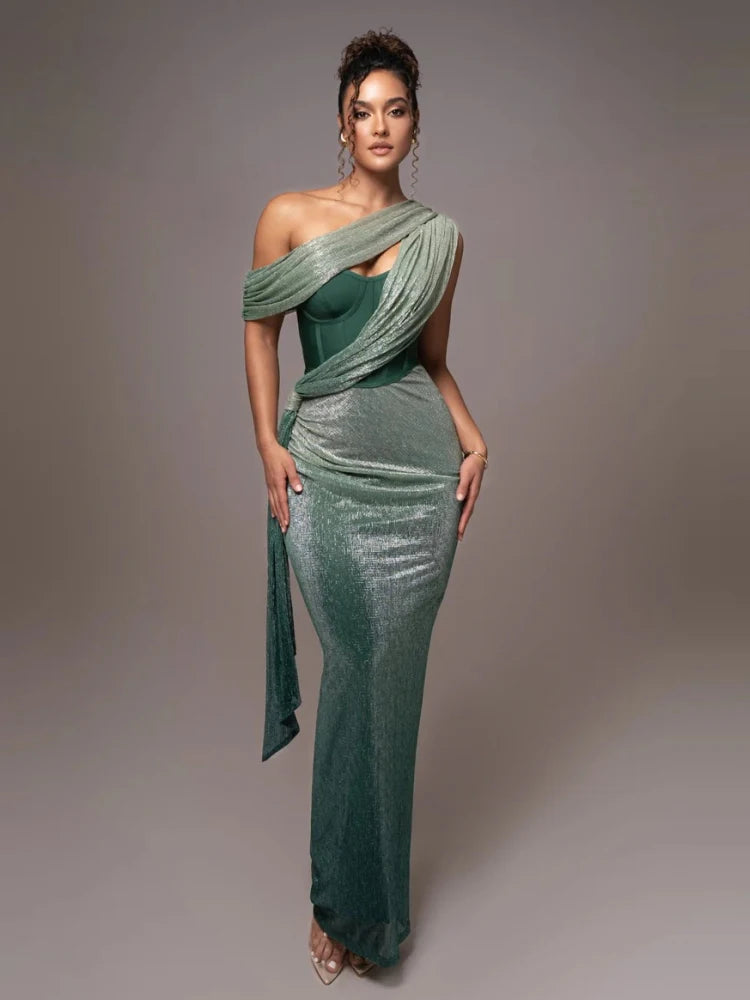 One Shoulder Draped Glitter Long Dress Women Brown Corset Sparkly Backless Bodycon Maxi Dresses Evening Party Gowns