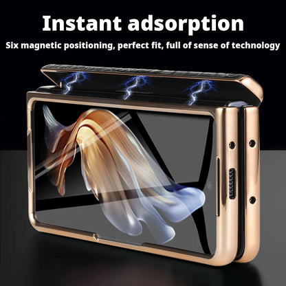 LANGSIDI Leather Case for Samsung Galaxy Z Fold 6 5 4 3 Fold6 Fold5 Gold Plating Magnetic Hinge Stand Cover with Mirror Film