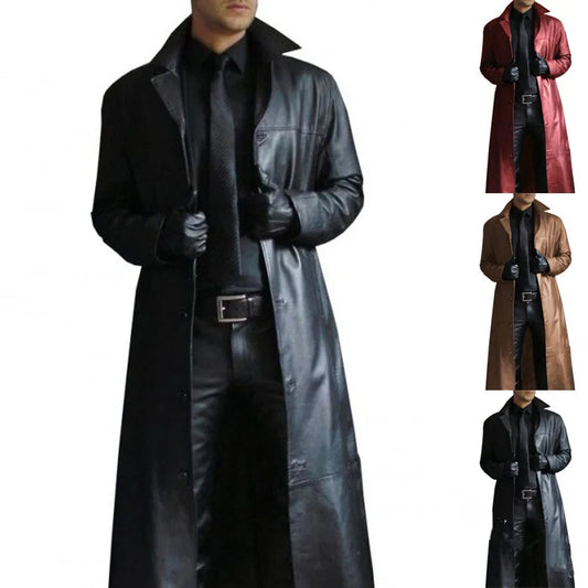 Men Faux Leather Trench Fashion Long Sleeve Autumn Windbreaker Coat 2025