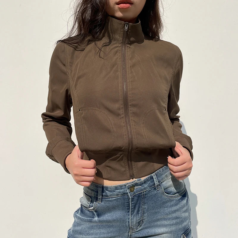 Vintage Cropped Jackets Women Stand Collar Solid Color Casual Coats Slim Pocket Zip Up  Safari Style Outwear