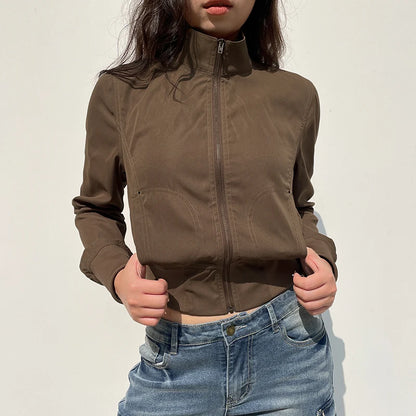 Vintage Cropped Jackets Women Stand Collar Solid Color Casual Coats Slim Pocket Zip Up  Safari Style Outwear