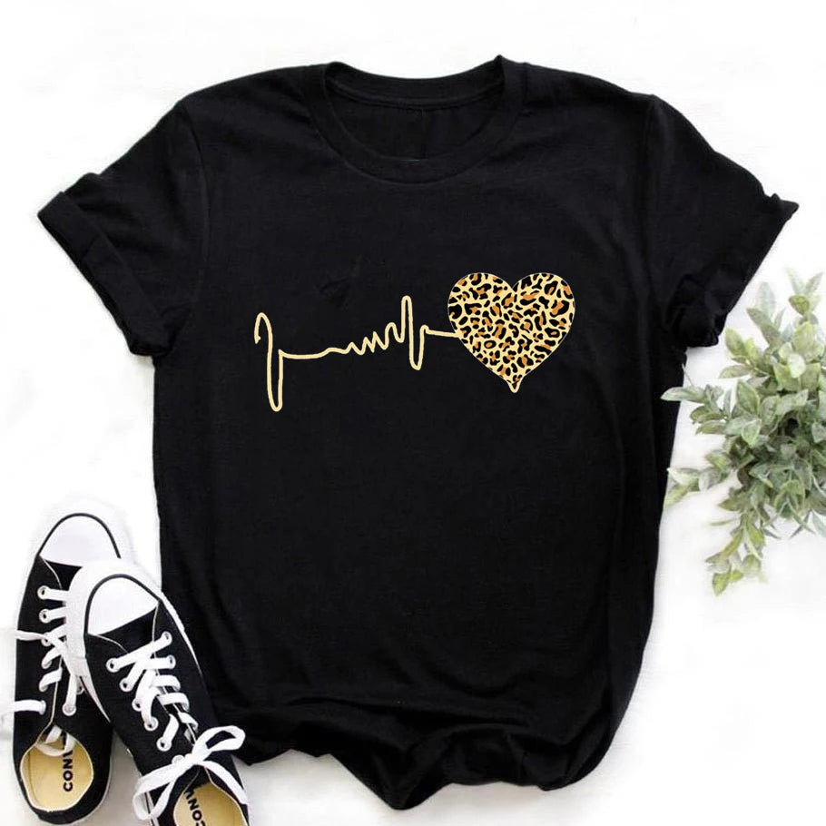 Summer New 90 's Leopard Heartbeat Short Sleeve Print Clothing Women's T-Shirt 2025