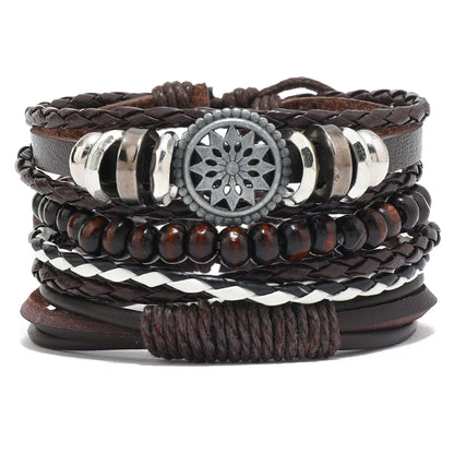 Vintage Leather Bracelet Men Multiple Woven Bracelets with Brown Wood Beads As Decorative Accessories Drawstring Bracelet