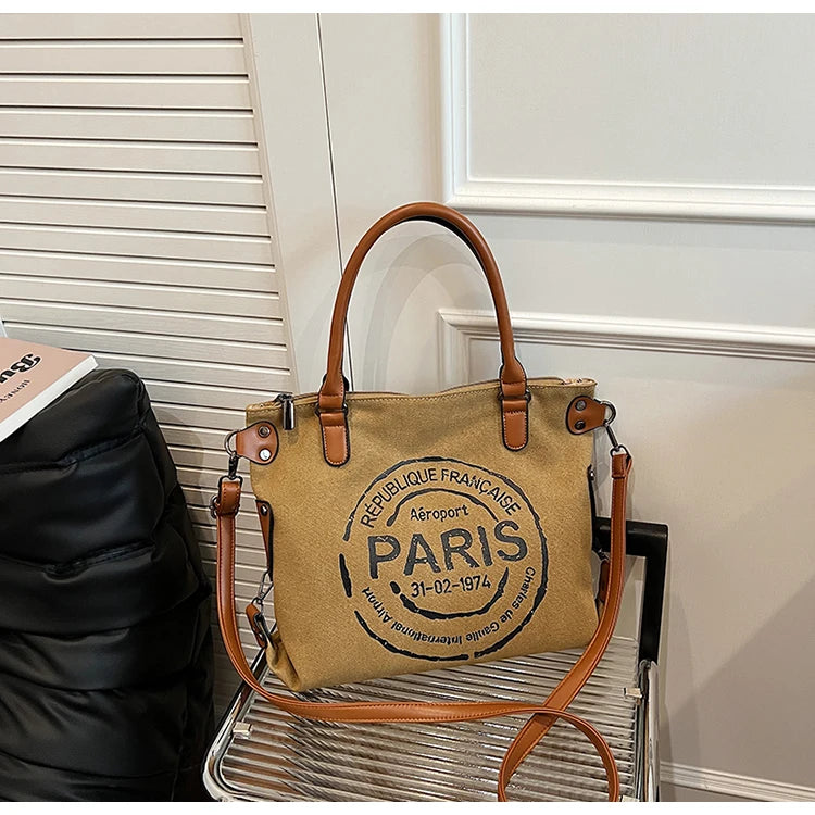 Large Retro Canvas Tote Bag - Adjustable Shoulder Strap Vintage Paris Stamp Print - Stylish Crossbody Bag for Women
