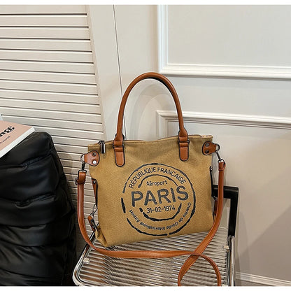 Large Retro Canvas Tote Bag - Adjustable Shoulder Strap Vintage Paris Stamp Print - Stylish Crossbody Bag for Women
