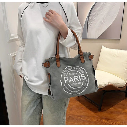 Large Retro Canvas Tote Bag - Adjustable Shoulder Strap Vintage Paris Stamp Print - Stylish Crossbody Bag for Women