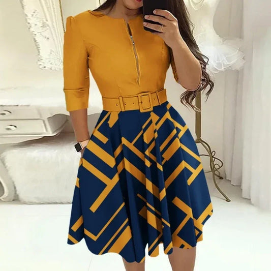 2025 Fashion Women Patchwork A-line Dresses Autumn/Winter Round Neck Printed