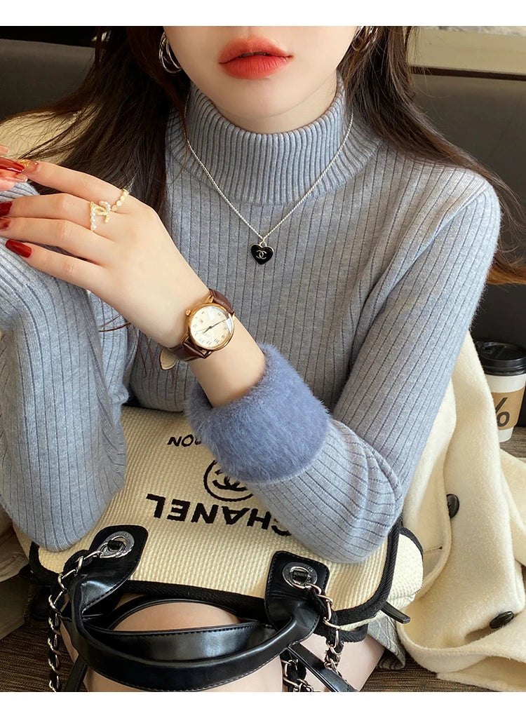 Women's Turtleneck Sweater Winter  Retro Red with Velvet Lining Thickened Inner Wear Thermal Knitting Bottoming Shirt