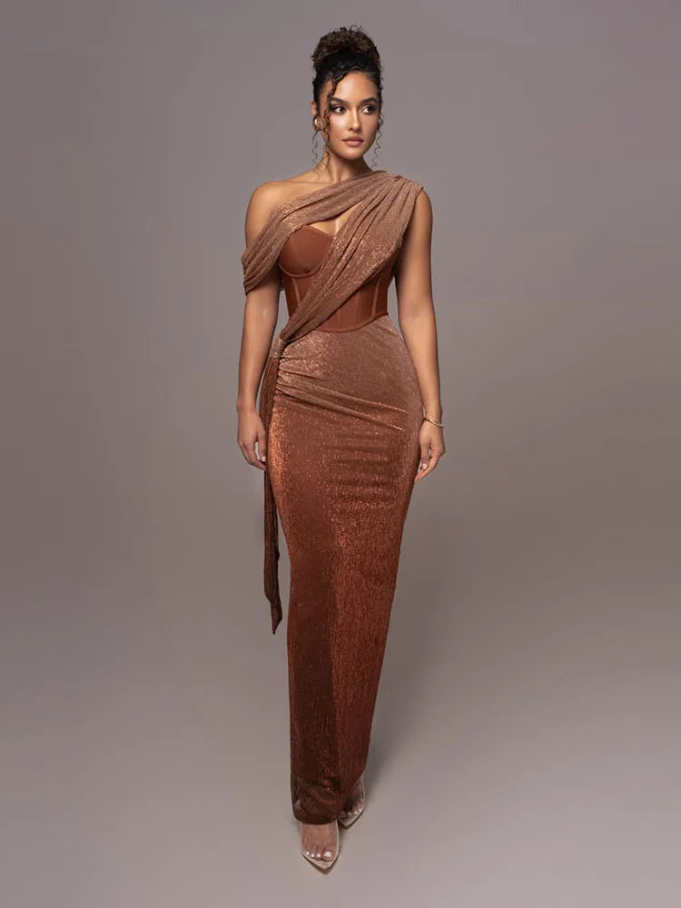 One Shoulder Draped Glitter Long Dress Women Brown Corset Sparkly Backless Bodycon Maxi Dresses Evening Party Gowns