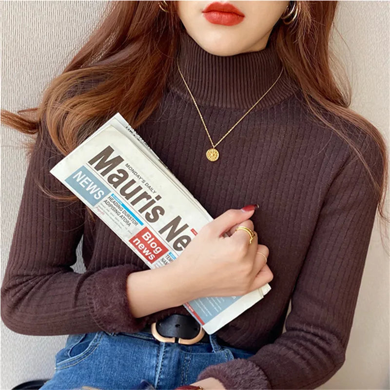 Women's Turtleneck Sweater Winter  Retro Red with Velvet Lining Thickened Inner Wear Thermal Knitting Bottoming Shirt