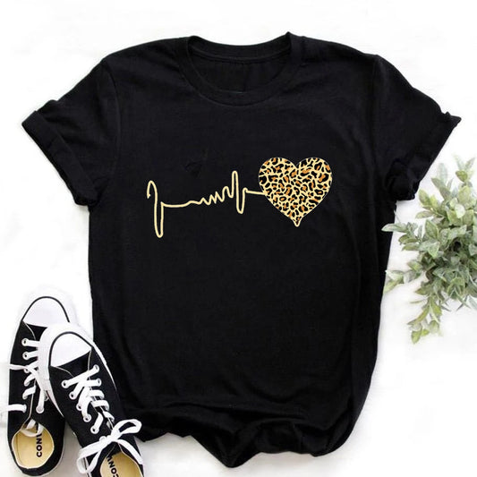 Summer New 90 's Leopard Heartbeat Short Sleeve Print Clothing Women's T-Shirt 2025