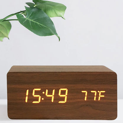 Wooden Digital Alarm Clock, LED Alarm Clock with Temperature Desk Clocks for Office