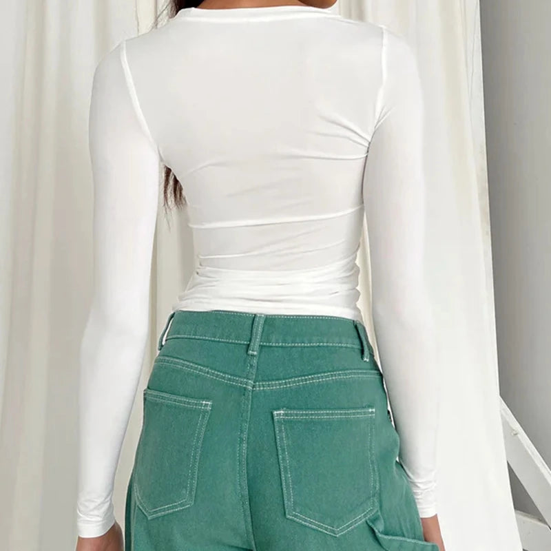 Woman Clothing Long Sleeve T-shirt Slim Fit Tops Female O-Neck Knitted Close-fitting Tee Shirt Street Wear