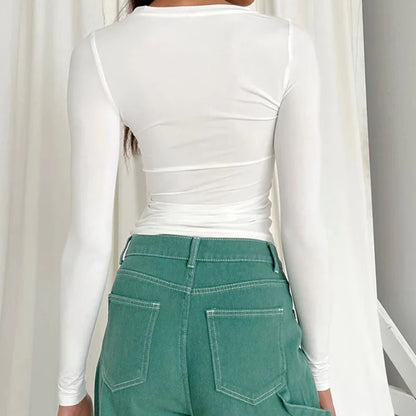 Woman Clothing Long Sleeve T-shirt Slim Fit Tops Female O-Neck Knitted Close-fitting Tee Shirt Street Wear