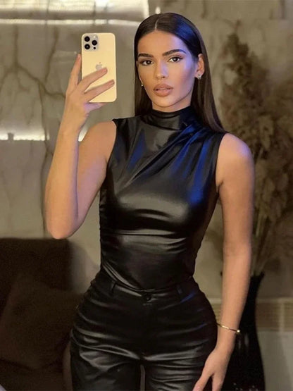 Fashion Solid Leather Y2k Top Skinny Waist Slimming Sleeveless Women Clothing High Collar Streetwear