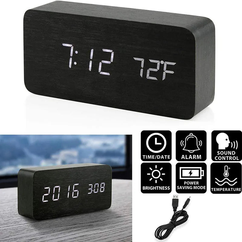 Wooden Digital Alarm Clock, LED Alarm Clock with Temperature Desk Clocks for Office