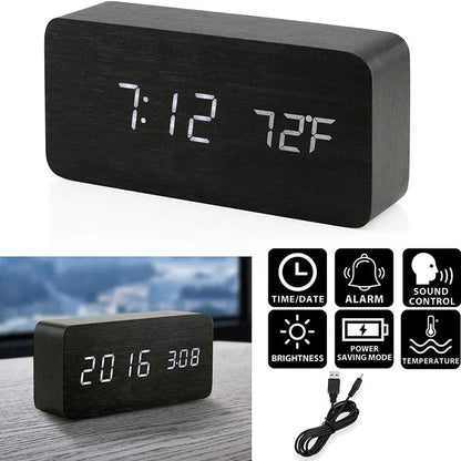 Wooden Digital Alarm Clock, LED Alarm Clock with Temperature Desk Clocks for Office