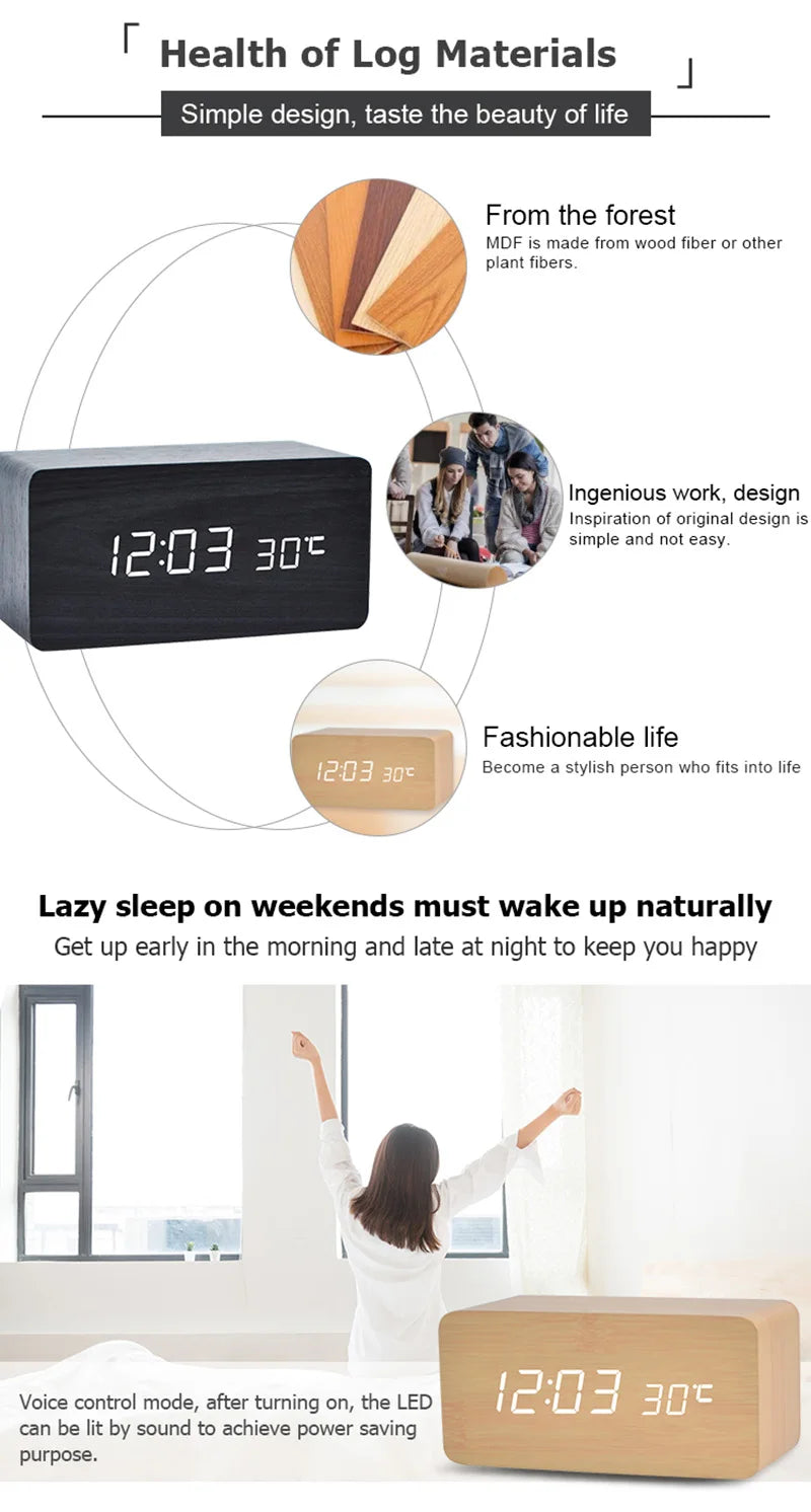 Wooden Digital Alarm Clock, LED Alarm Clock with Temperature Desk Clocks for Office