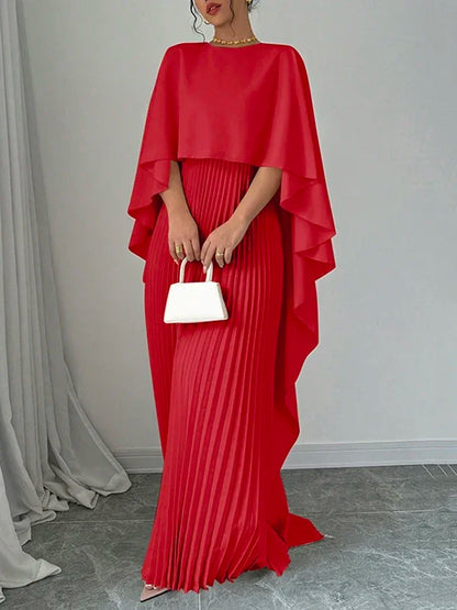 Yeezzi Women's Fashion Cape Sleeves High-Low Pleated Maxi Dresses  New Autumn Solid Color O-Neck Elegant Party Evening Dress