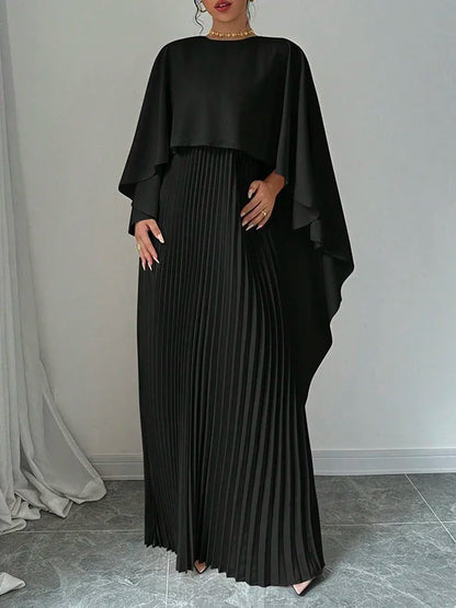 Yeezzi Women's Fashion Cape Sleeves High-Low Pleated Maxi Dresses  New Autumn Solid Color O-Neck Elegant Party Evening Dress