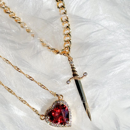 2025 2PCS Heart & Sword Zircon Pendant Necklace – Silver/Gold Plated Couple Jewelry