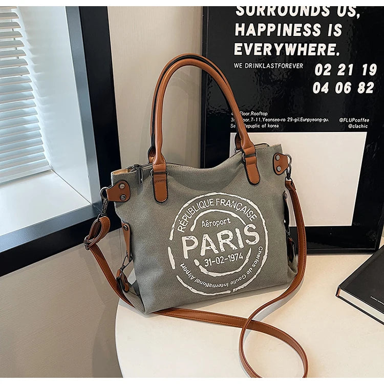 Large Retro Canvas Tote Bag - Adjustable Shoulder Strap Vintage Paris Stamp Print - Stylish Crossbody Bag for Women