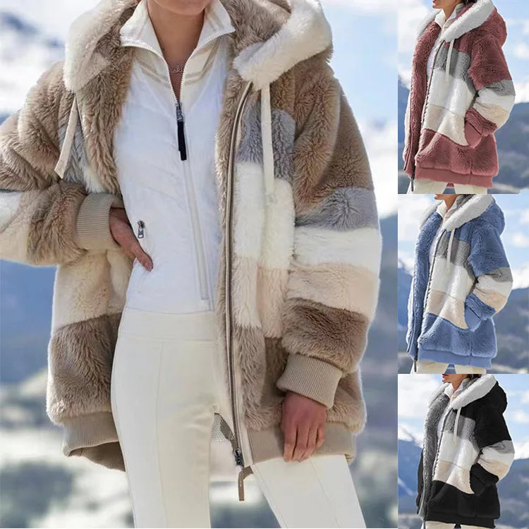 New Autumn Winter Warm Plush Pocket Hooded Streetwear Loose Lady Outerwear Coat