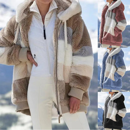 New Autumn Winter Warm Plush Pocket Hooded Streetwear Loose Lady Outerwear Coat