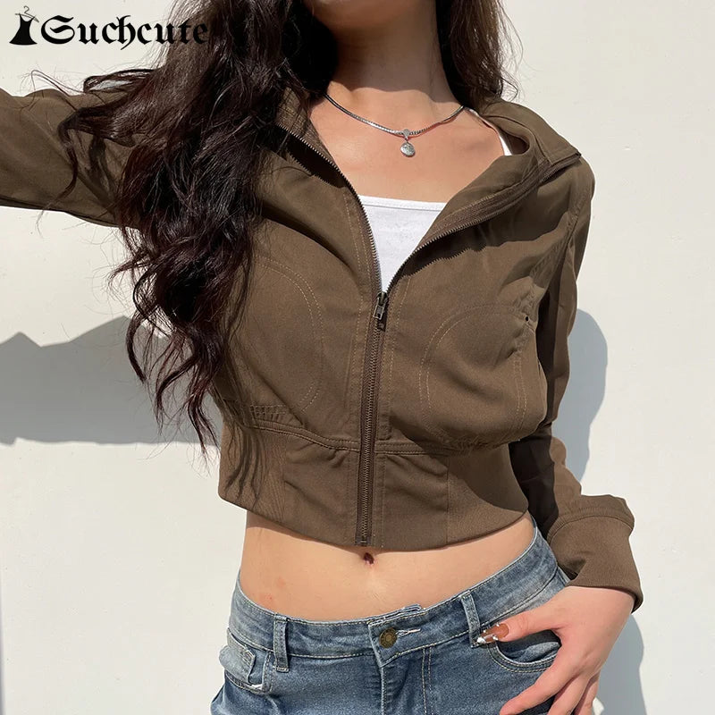 Vintage Cropped Jackets Women Stand Collar Solid Color Casual Coats Slim Pocket Zip Up  Safari Style Outwear