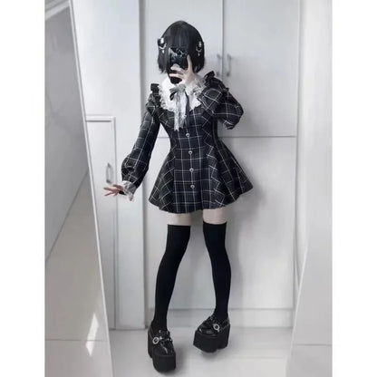Harajuku Sweet Bow Black Plaid Dresses All-match Slim Fit Kawaii Lolita Dress for Women 2025