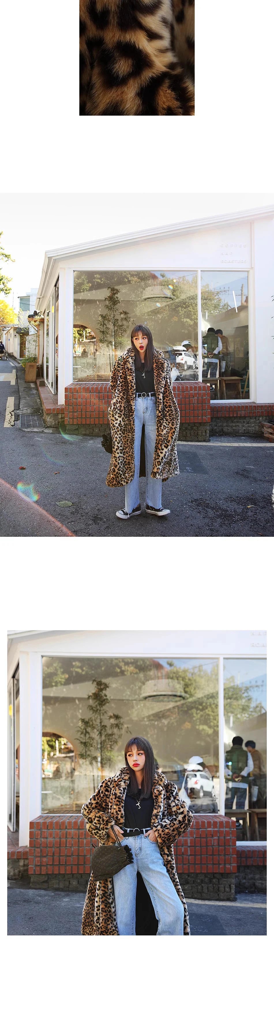 Europe America Women's Leopard Fur Coat Longer Fashion Casual Loose Fur Overcoat