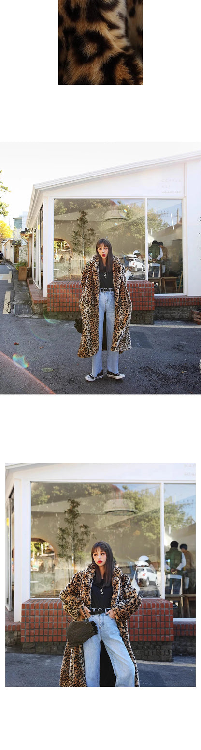 Europe America Women's Leopard Fur Coat Longer Fashion Casual Loose Fur Overcoat