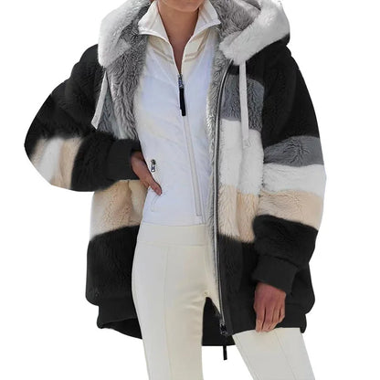 New Autumn Winter Warm Plush Pocket Hooded Streetwear Loose Lady Outerwear Coat