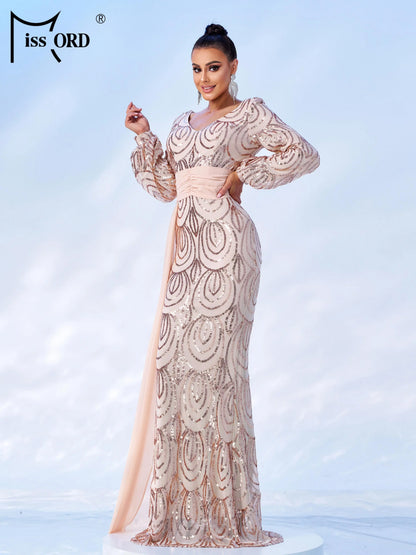 Missord Green Sequin Evening Dress Elegant Women Long Sleeve V-neck Belt Draped Bodycon Wedding Party Prom Dresses Female Gown