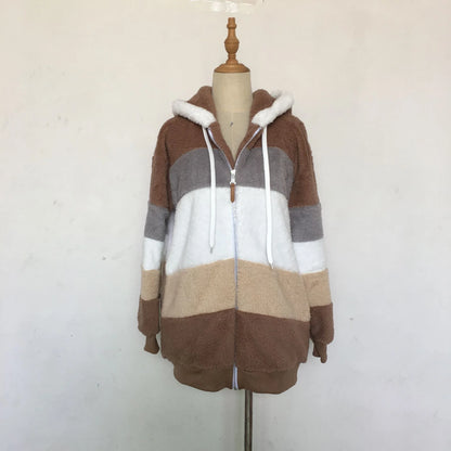 New Autumn Winter Warm Plush Pocket Hooded Streetwear Loose Lady Outerwear Coat