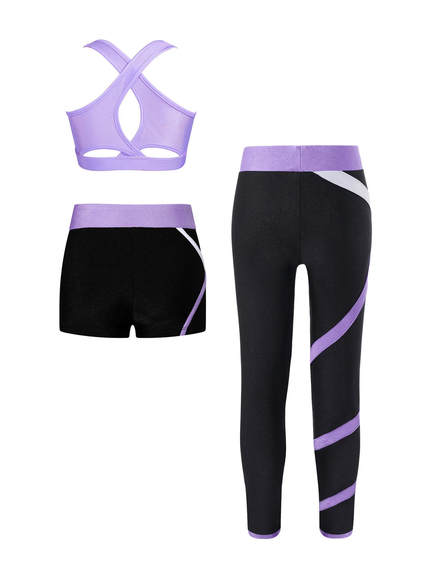 Kids Girls 3 Pcs Athletic Tracksuits Ballet Dance Yoga Sportswear Sports Bra Shorts with Leggings Tumbling Ice Skating Sets