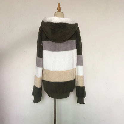 New Autumn Winter Warm Plush Pocket Hooded Streetwear Loose Lady Outerwear Coat