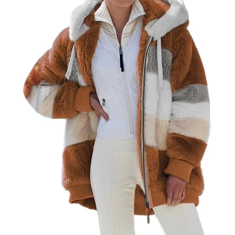 New Autumn Winter Warm Plush Pocket Hooded Streetwear Loose Lady Outerwear Coat