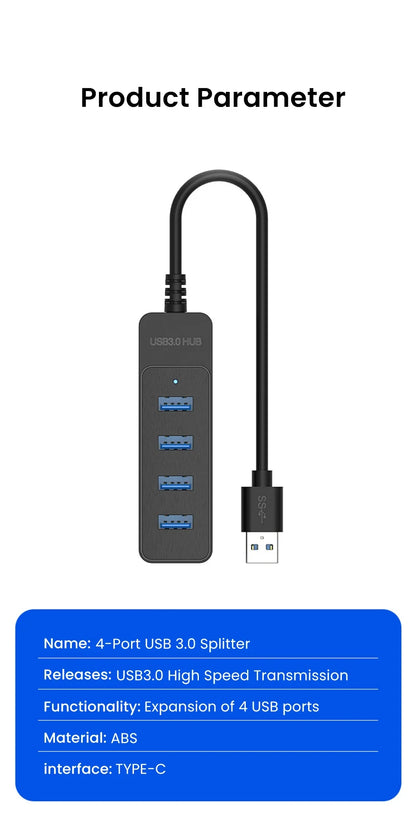 USB 3.0 Hub – 4-Port High-Speed Splitter, Multi USB Expander, Type-C Adapter