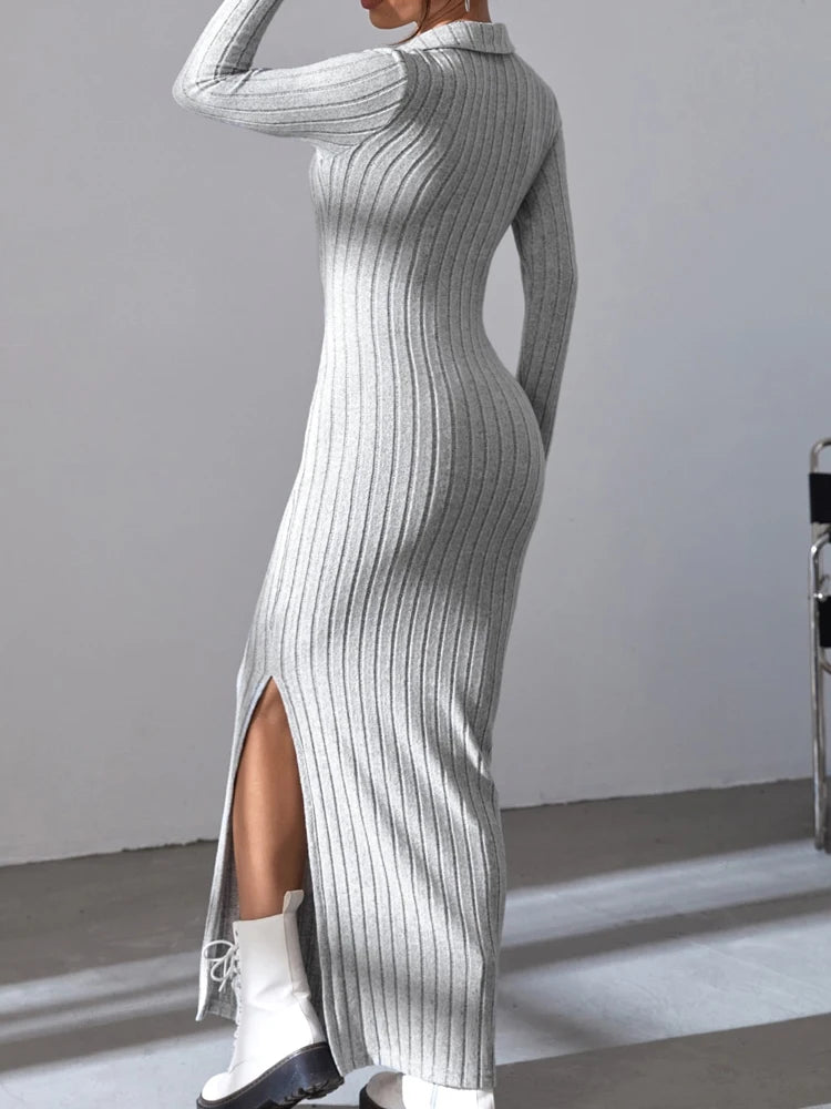 Women knit V-neck reverse neck split dress autumn winter full sleeve elastic basic body sweater