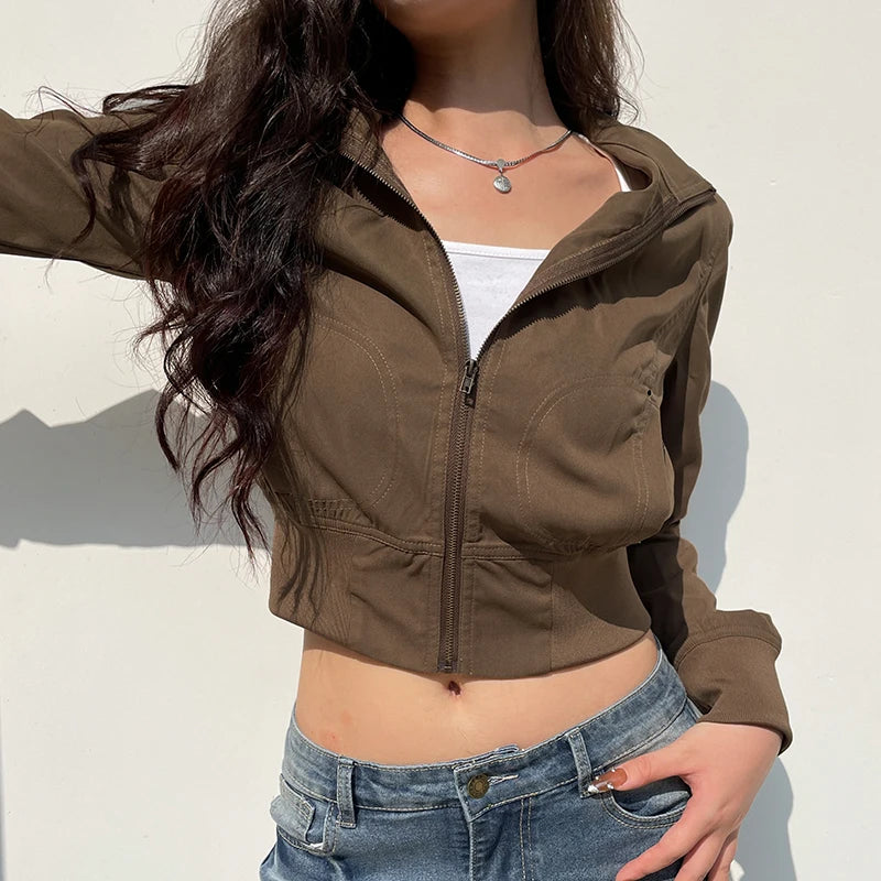 Vintage Cropped Jackets Women Stand Collar Solid Color Casual Coats Slim Pocket Zip Up  Safari Style Outwear