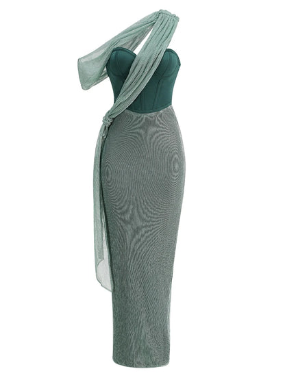 One Shoulder Draped Glitter Long Dress Women Brown Corset Sparkly Backless Bodycon Maxi Dresses Evening Party Gowns