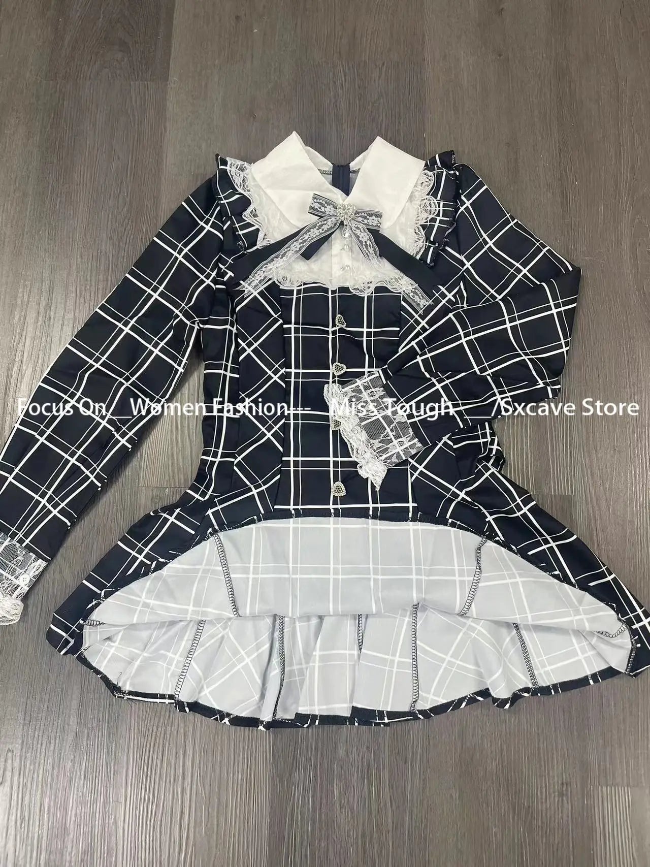 Harajuku Sweet Bow Black Plaid Dresses All-match Slim Fit Kawaii Lolita Dress for Women 2025