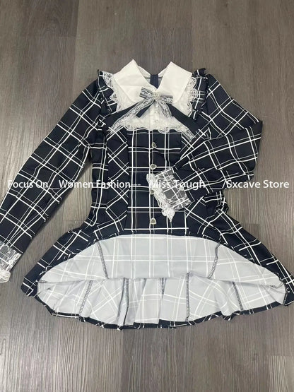 Harajuku Sweet Bow Black Plaid Dresses All-match Slim Fit Kawaii Lolita Dress for Women 2025