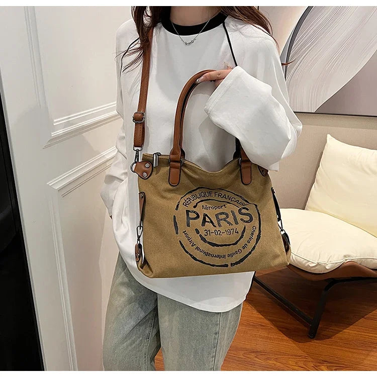 Large Retro Canvas Tote Bag - Adjustable Shoulder Strap Vintage Paris Stamp Print - Stylish Crossbody Bag for Women