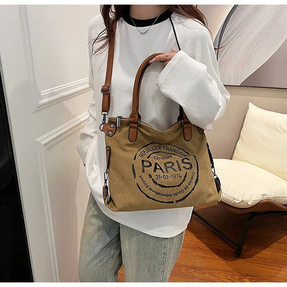Large Retro Canvas Tote Bag - Adjustable Shoulder Strap Vintage Paris Stamp Print - Stylish Crossbody Bag for Women