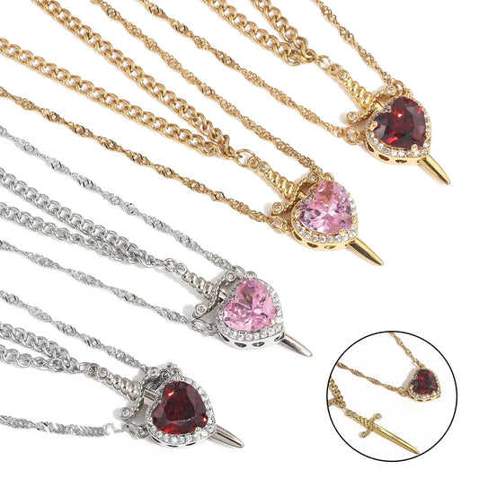 2025 2PCS Heart & Sword Zircon Pendant Necklace – Silver/Gold Plated Couple Jewelry